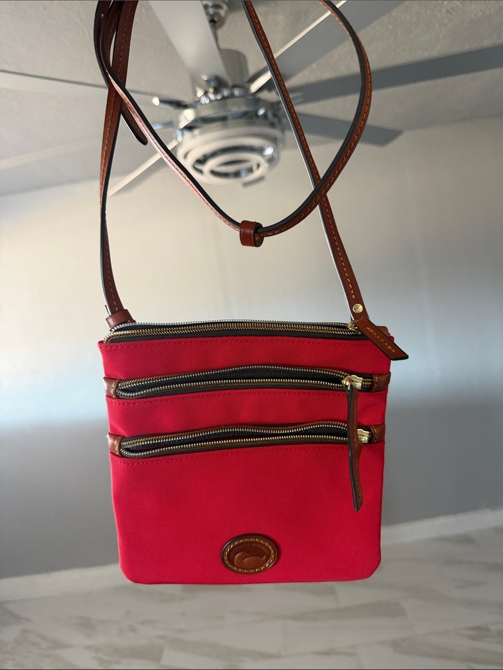 Dooney & Bourke Red Crossbody with Brown Leather Trim
